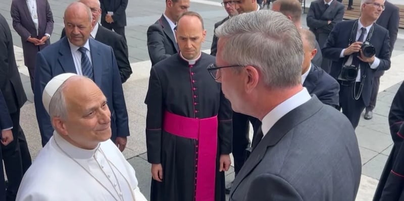 Pope Leo XIV speaks to Illinois State Treasurer Mike Frerichs in St. Peter’s Square at The Vatican. Frerichs returned $8.65 of the Pope’s own money from the state’s unclaimed property system.