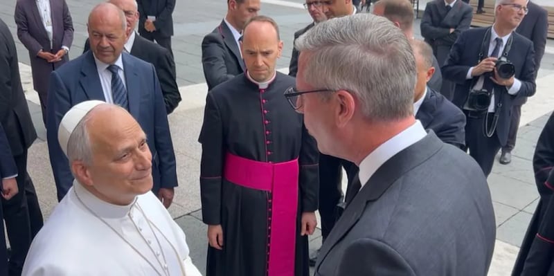 Pope Leo XIV speaks to Illinois State Treasurer Mike Frerichs in St. Peter’s Square at The Vatican. Frerichs returned $8.65 of the Pope’s own money from the state’s unclaimed property system.