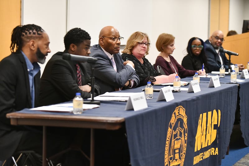 Candidates for the Kankakee School District 111 School Board participate in the Kankakee County NAACP Candidates Forum on Tuesday, March 4, 2025, at Kankakee Community College.