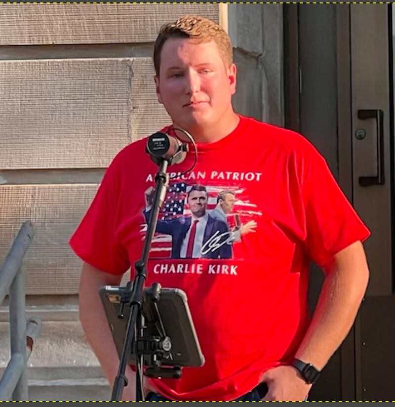 State Rep. Brad Fritts speaks to the crowd during a vigil to remember Charlie Kirk on Friday, Sept. 12, 2025, at the Old Lee County Courthouse in Dixon.