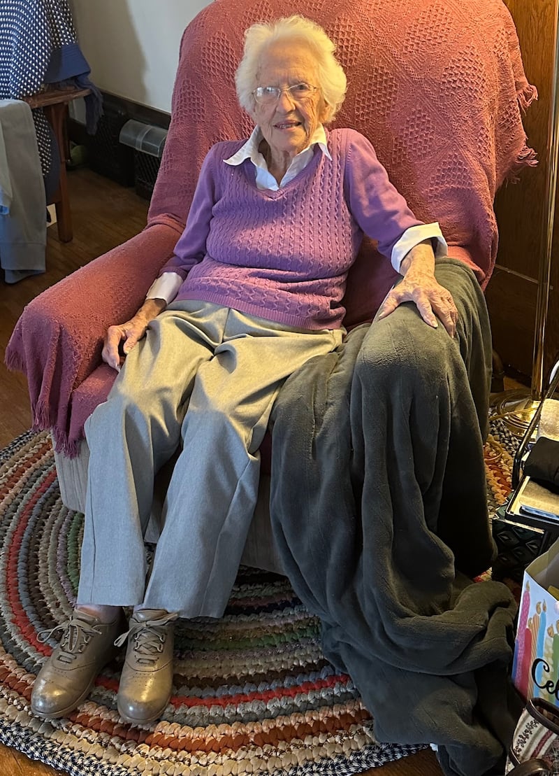 Genevieve Cummins, 100 years old, reminisces about the days when her entire yard was a garden. She also took a lot of pride in these one-of-a-kind rugs she has displayed throughout her home. She remembers making them by hand with her mother when she was a young girl. They’re made out of corduroy and wool materials.