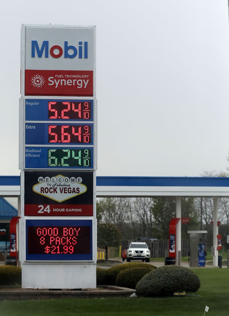 Fuel prices are advertised on a  sign in front of the Mobil station at the interception of Wimont Road and Illinois 173 on Thursday, April 30, 2026, near the boarder of Lake and McHenry counties and the Wisconsin boarder.