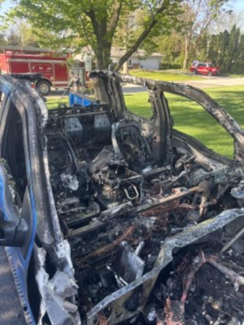 New Lenox Fire Protection District crews put out a truck on fire in a residential driveway on Thursday, April 23, 2026.
