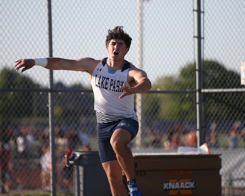 Lake Park's Joseph Michelini finishes first in the shot put at the DuKane Conference Boys Track and Field meet. May 15, 2026 in St Charles.