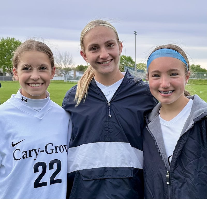 Bella Frangiamore (left), Malaina Kurth (middle) and Grace Puhar (right) each scored two goals in Cary-Grove's 6-0 win over Crystal Lake South on Tuesday.