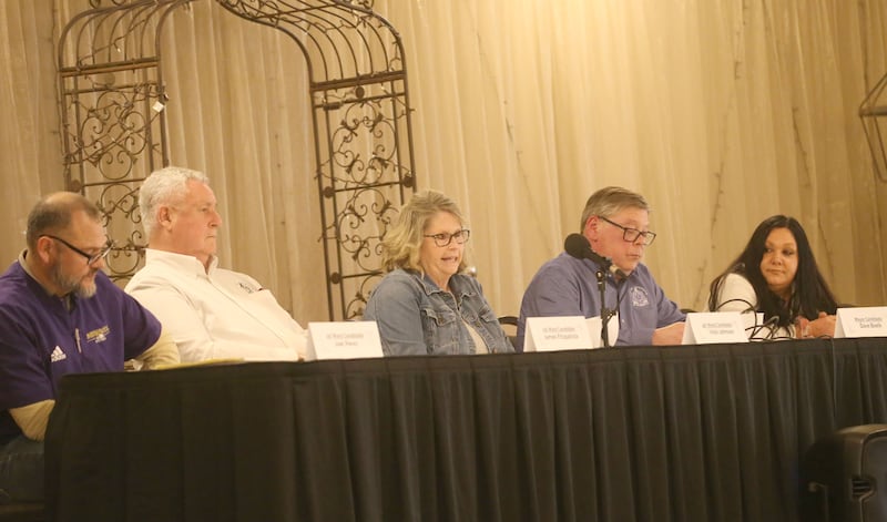 Candidates (from left) Joel Perez, James Fitzpatrick, Vicki Johnson, Mendota mayor Dave Boelk and mayoral candidate Shallen Gross attend a candidate forum on Tuesday, March 11, 2025 at the Mendota Civic Center. The event was put on by the Mendota Chamber of Commerce.