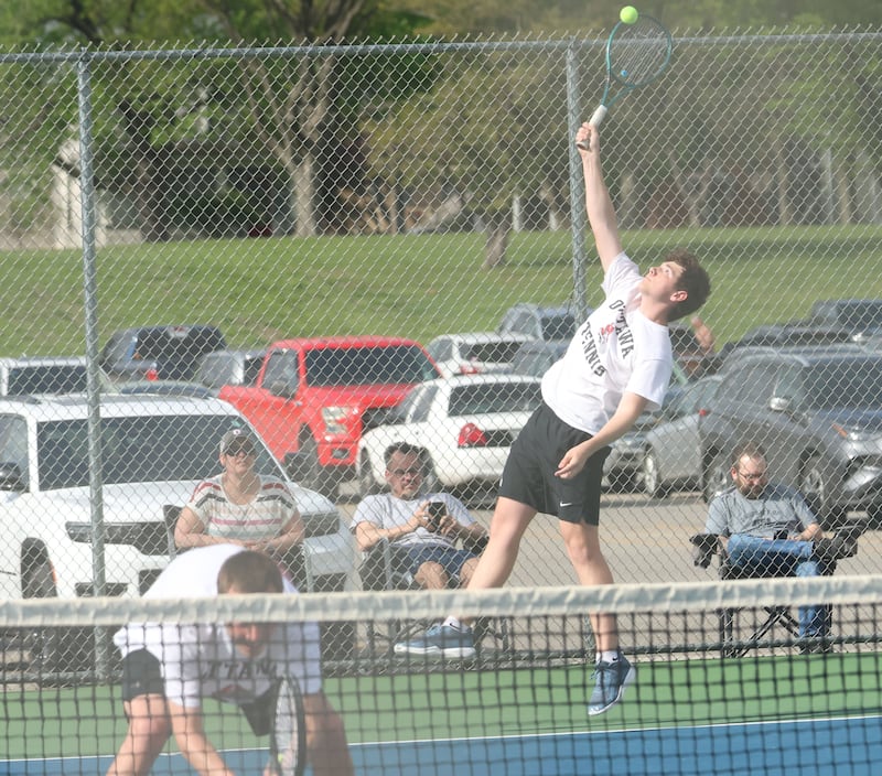 Ottawa's Ayden Sexton and Kaden Araujo play tennis on Tuesday, April 21, 2026 in the Henderson-Guenther Tennis Facility at Ottawa High School.