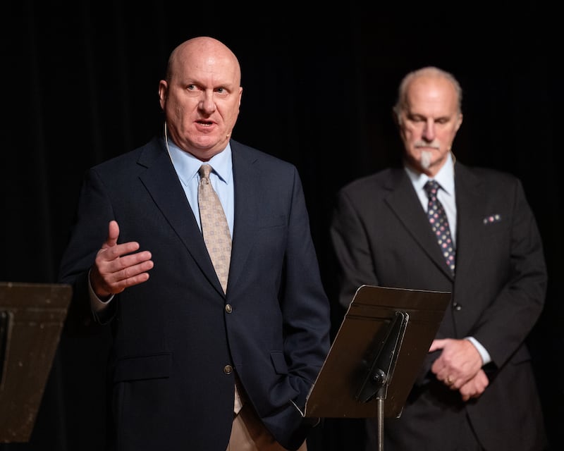 Candidate for Bureau County Sheriff, Tom Kammerer answers question as fellow Candidate Edward Jauch listens at the Bureau County Sheriff Forum on Tuesday, March 3, 2026 at Princeton High School's Auditorium.