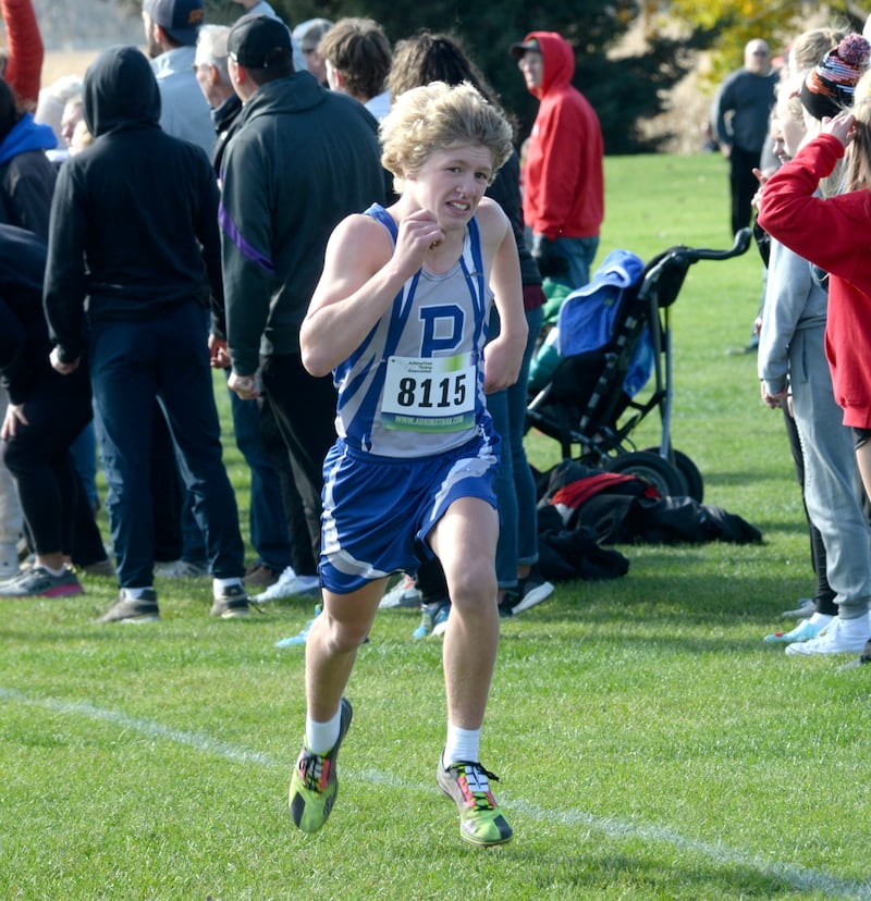 Princeton's Augustus Swanson sprints to the finish line at the 1A Oregon Sectional held at Oregon Park West on Saturday, Oct. 28, 2023.