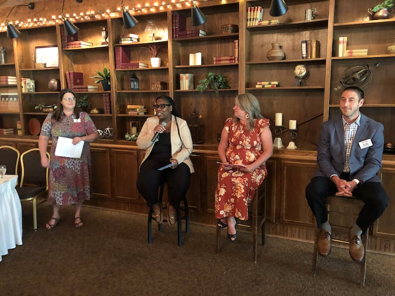 Algonquin/Lake in the Hills Chamber of Commerce board member Julie Bevel, left, emceed a panel on Thursday, May 15, 2025, at the Golf Club of Illinois in Algonquin, with superintendents Martina Smith, District 300, Jessica Lombard, District 158, and Neil Lesinski, District 155.