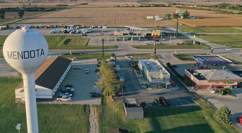 An aerial view of the Mendota water tower at the intersection of Interstate 39 and U.S. Route 34 on Wednesday, Oct. 8, 2025 in Mendota.