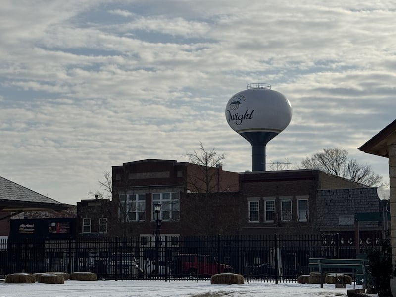 The Dwight water tower overlooks Downtown Dwight. Photo taken Tuesday, Feb. 3, 2026.