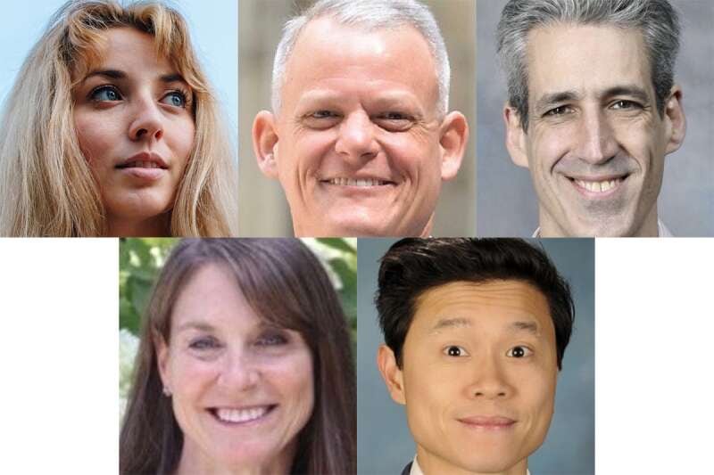 The field of Democratic candidates in the 2026 primary for the 9th Congressional District includes, clockwise from top left, Kat Abughazaleh, Phil Andrew, Daniel Biss, state Rep. Hoan Huynh and state Sen. Laura Fine.