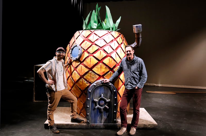 Crystal Lake High School teachers Daniel Mitchell and Ben Stoner on Thursday, April 17, 2025, in the theater at the school.