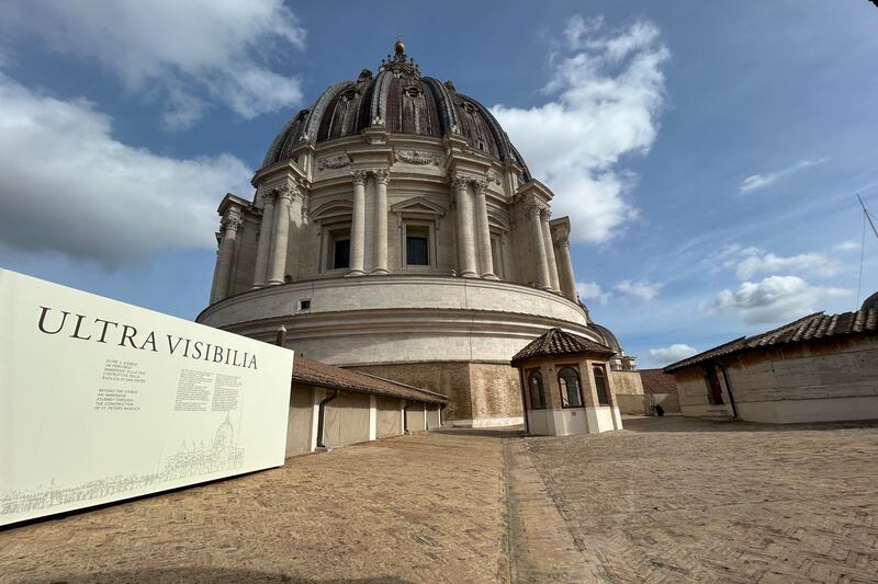 The entrance to the "Ultra Visibilia" exhibition on St. Peter's Terrace is shown on the occasion of the 400th anniversary of the dedication of St. Peter's Basilica at the Vatican, Monday, Feb. 16, 2026. (AP Photo/Gregorio Borgia)