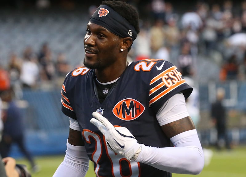 Chicago Bears defensive back Nahshon Wright walks off of the field after getting a win against the Dallas Cowboys on Sunday, Sept. 21, 2025 at Soldier Field.