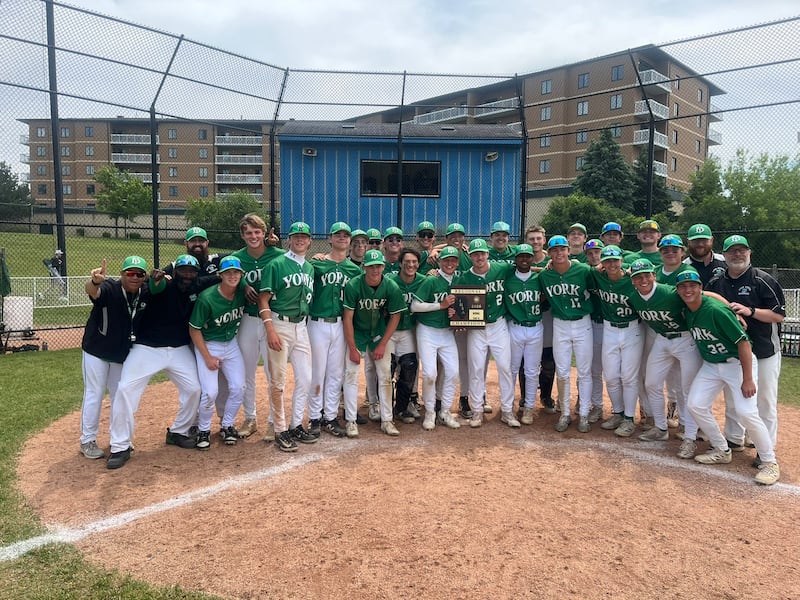 York's baseball team celebrates after winning a regional final on Saturday.
