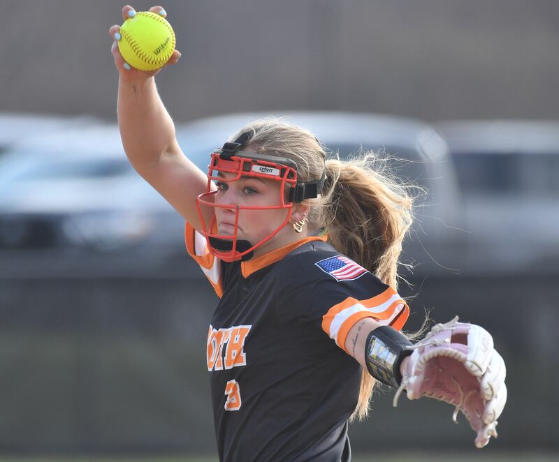 Wheaton Warrenville South’s Presley Wright delivers to an Oswego batter during a game on April 10, 2025 at Wheaton Warrenville South High School in Wheaton.