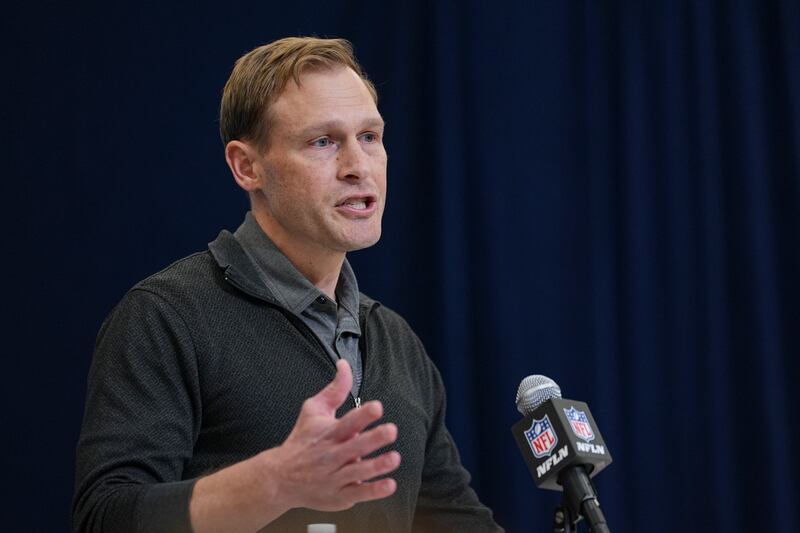Chicago Bears head coach Ben Johnson speaks during a press conference at the NFL football scouting combine in Indianapolis, Tuesday, Feb. 25, 2025. (AP Photo/Michael Conroy)