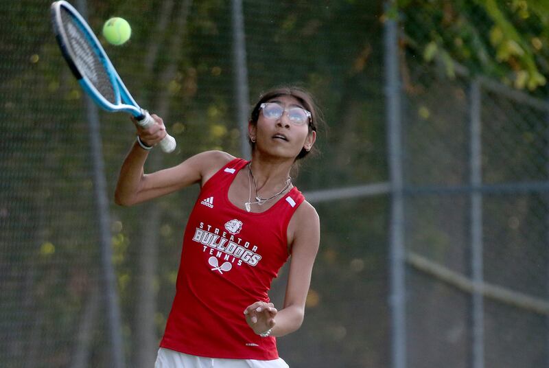 Streator No. 1 singles player Garvi Patel returns a serve while playing Kankakee during the 2024 season.