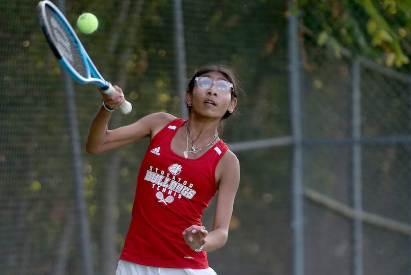 Streator No. 1 singles player Garvi Patel returns a serve while playing Kankakee during the 2024 season.