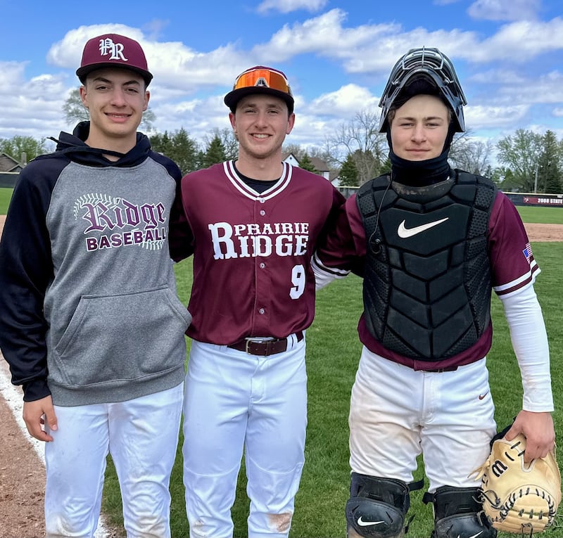 Jack Reina (left) struck out seven over four innings of one-hit baseball on the mound, while Jack Herman (middle) and Beckett Breseman (right) each had two hits in Prairie Ridge's win over Marengo on Saturday.