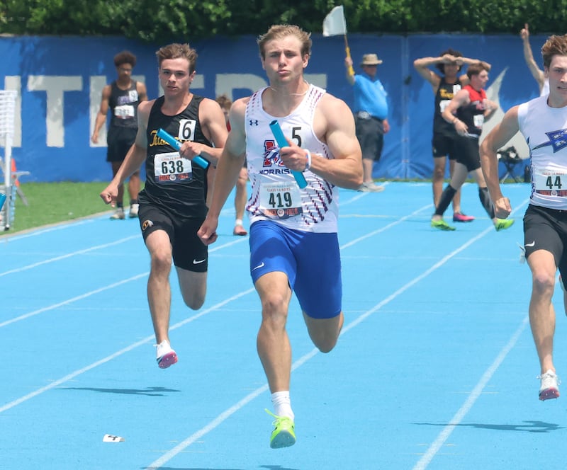 Morrison's Brady Anderson sprints toward the finish line during the IHSA State Track and Field championship on Saturday, May 30, 2026 in Charleston.