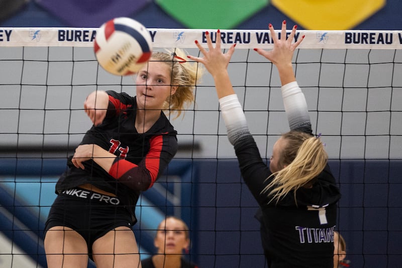 Erie-Prophetstown’s Lauren Abbott hammers a shot against El Paso-Gridley Thursday, Nov. 7, 2024, during the class 2A volleyball sectional championship at Bureau Valley High School.