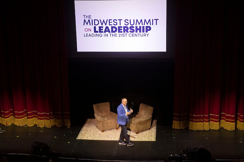 Dixon city manager Danny Langloss introduces the next speaker Thursday, May 18, 2023 at the Midwest Summit on Leadership held at the Historic Dixon Theatre.