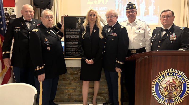 Col. Mike Peck, CWO2 Eliseo Lopez, Congresswoman Darby Hill,, CWO5 Alfred Saller, Master of Ceremonies Gilbert Goodman and CWWO4 Art Dokovic
at the June 14 celebration of the U.S. Army's 250th anniversary in Lake Zurich.