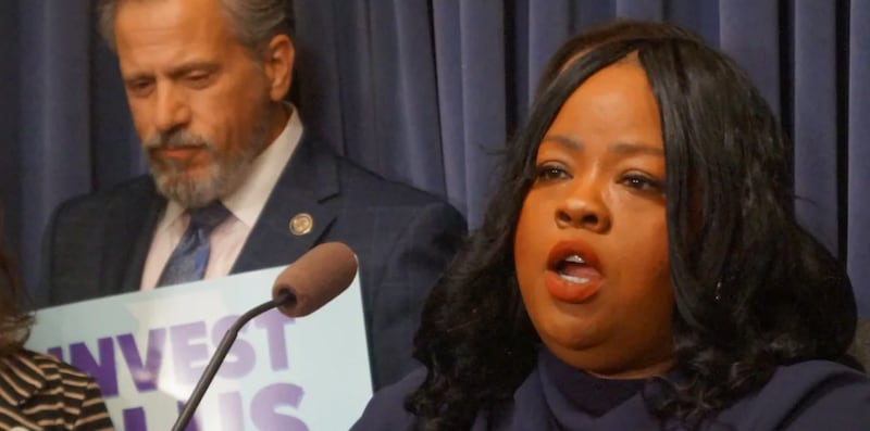 Sen. Lakesia Collins, D-Chicago, discusses budget proposals at a news conference at the Illinois Capitol on May 6, 2026.