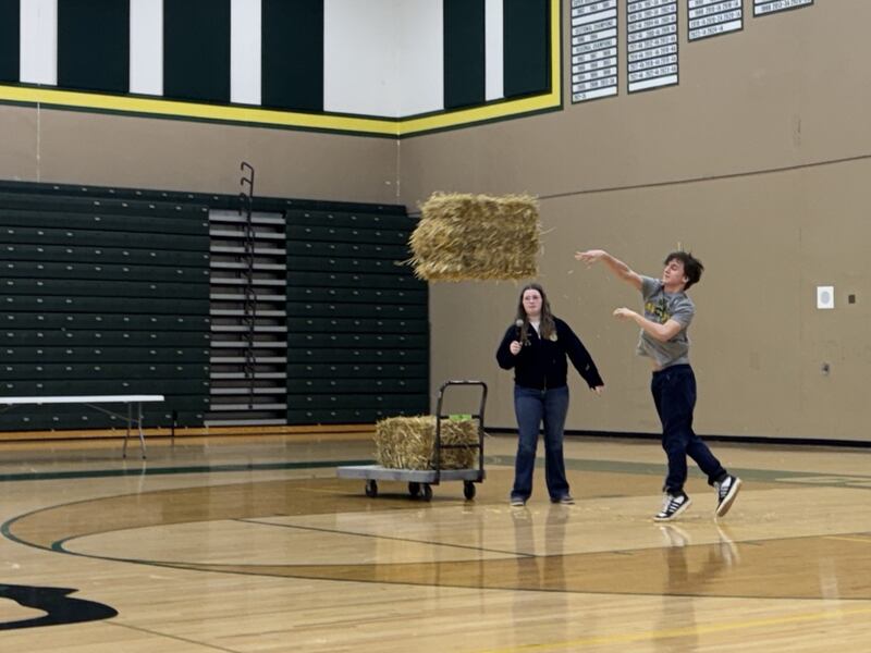 A student throws a hay bale as part of the hay bale toss competition during the Grundy Area FFA's FFA Week Celebration at Coal City High School on Thursday, Feb. 20, 2024.