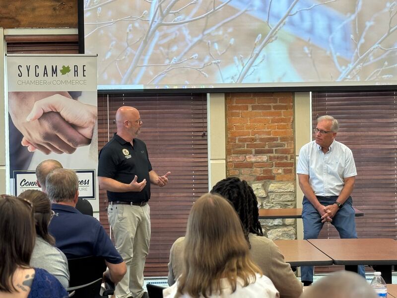 (From left) State Rep. Jeff Keicher (R-Sycamore) speaks with State Sen. Dave Syverson (R-Cherry Valley) at the Sycamore Chamber of Commerce's annual Legislative Briefing event on Wednesday, July 16, 2025.