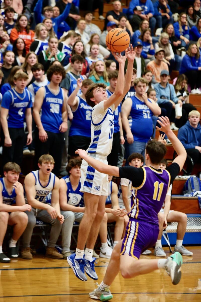 Princeton's Jackson Mason connects for 3-pointer to give the Tigers a 38-33 lead late in the third quarter of Wednesday's regional semifinal game against Mendota at Prouty Gym. The Tigers won 54-47.