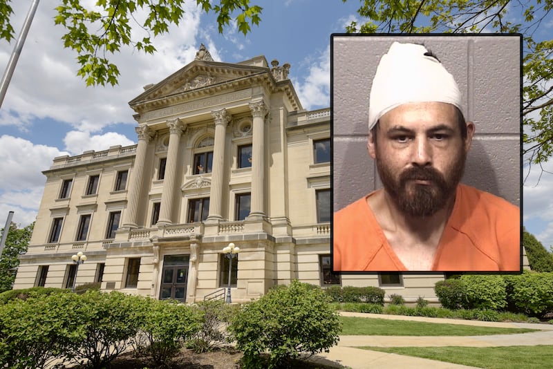 Ryan Betsinger, 33, of Cortland, was arrested on Tuesday, Aug. 19, 2025, after DeKalb police found him covered in blood and bleeding from his head, according to a police synopsis filed in court. He was charged with felony hate crime, records show. (Inset photo provided by DeKalb County Jail)