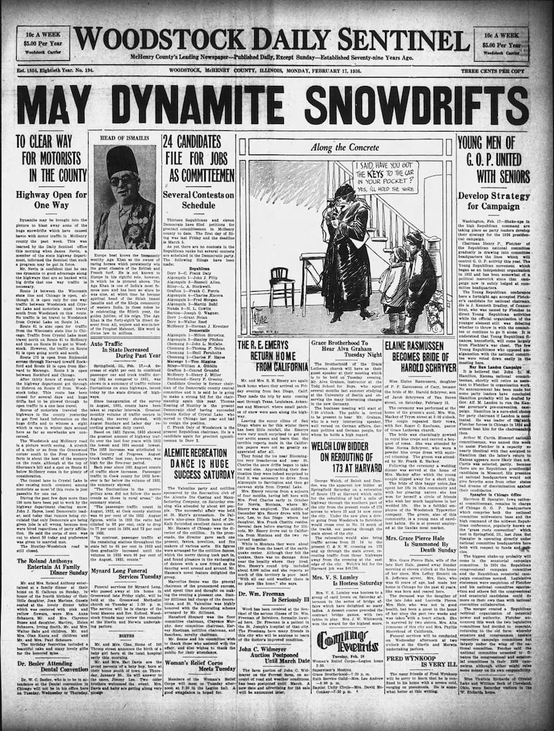 The Woodstock Daily Sentinel cover for February 17, 1936