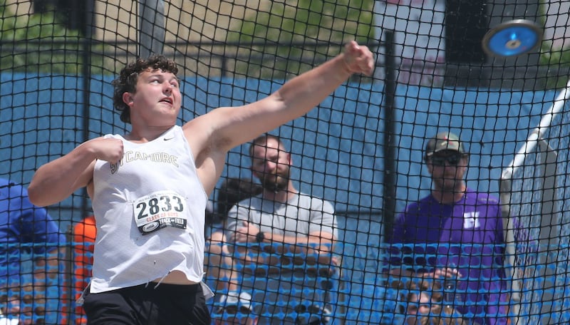 Sycamore's Will Rosenow throws discus during the IHSA Class 2A Boys Track & Field State Finals on Saturday, May 31, 2025 at Eastern Illinois University in Charleston.