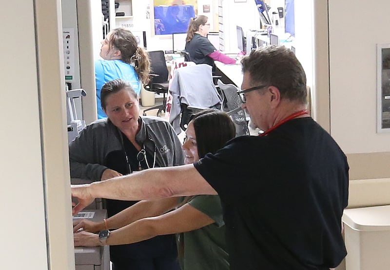 OSF Healthcare nurses and doctors work in the emergency room on Friday, May 15, 2026 at OSF St. Elizabeth Medical Center in Peru.