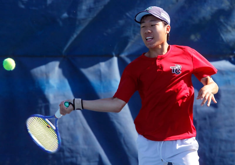 Timothy Christian’s Hudson Tseng returns the ball as he competes in the Class 1A Boys State Tennis Tournament on Thursday, May 28, 2026 at Vernon Hills High School.