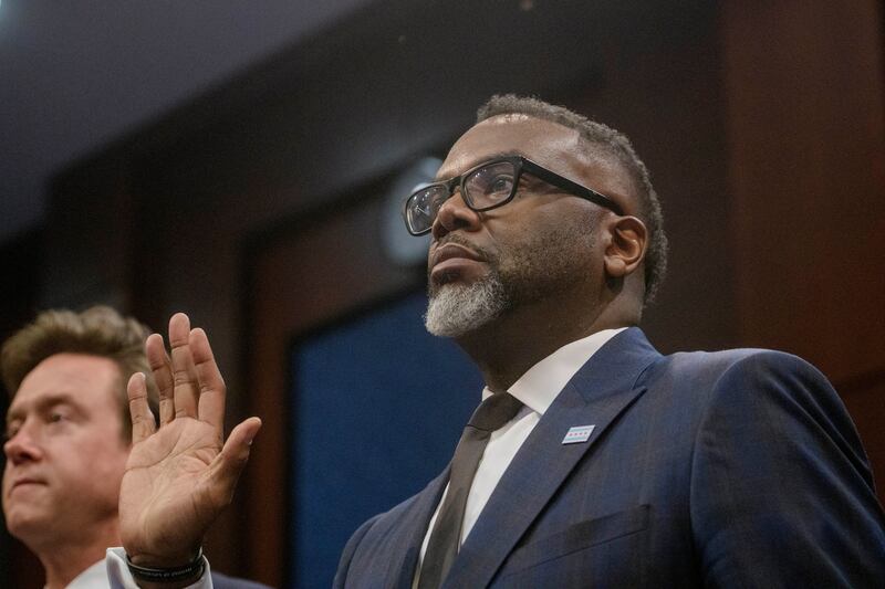 Chicago Mayor Brandon Johnson is sworn in during a House Committee on Oversight and Government Reform hearing with Sanctuary City Mayors on Capitol Hill, Wednesday, March 5, 2025, in Washington. (AP Photo/Rod Lamkey, Jr.)