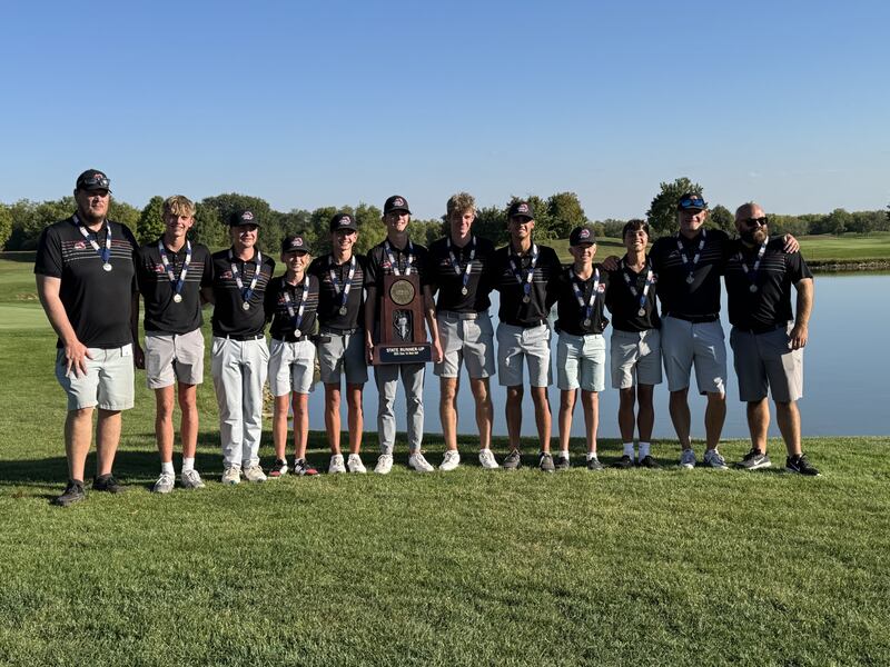 The Fulton boys golf team is pictured after finishing as the Class 1A state runner-up at Prairie Vista in Bloomington on Saturday, Oct. 11, 2025.