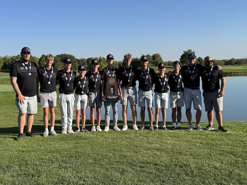 The Fulton boys golf team is pictured after finishing as the Class 1A state runner-up at Prairie Vista in Bloomington on Saturday, Oct. 11, 2025.