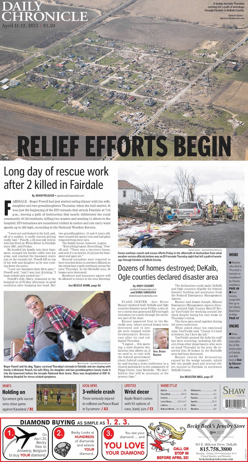 The cover of the Daily Chronicle on April 11, 2015