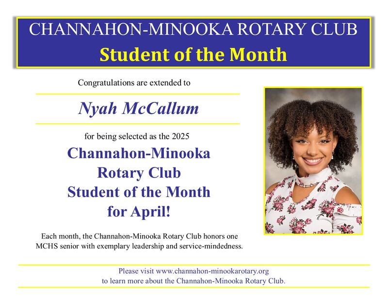 Channahon Minooka Rotary Student of the Month Nyah McCallum.