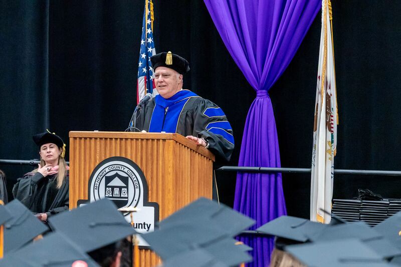 McHenry County College President Clint Gabbard addresses graduates on May 17, 2025, at Commencement Ceremony.