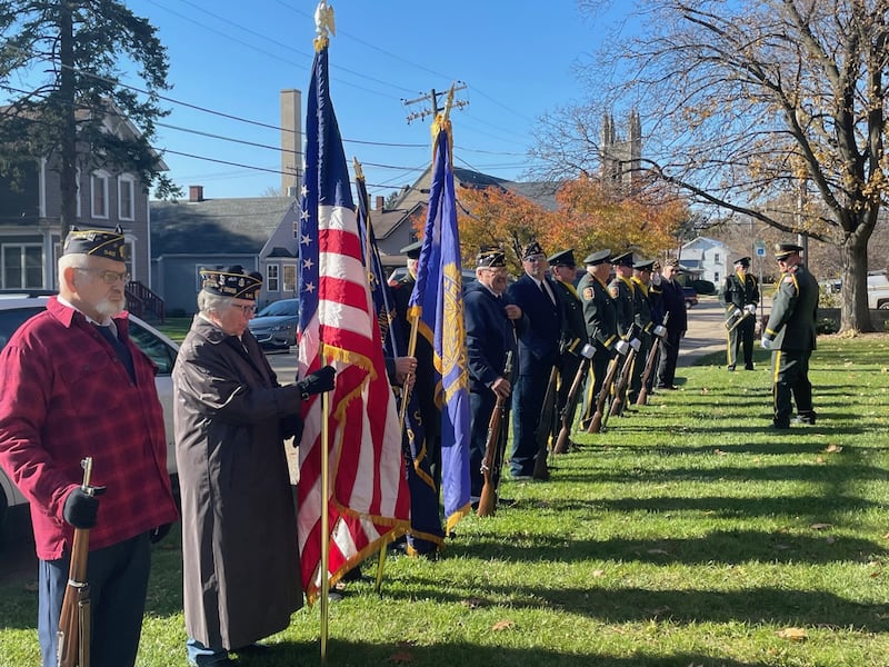 Members of the Mendota VFW Post 4079 Veterans Memorial Squad and Mendota American Legion Post 540 prepare for Veterans Day observances Saturday, Nov. 11, 2023, at Veterans Park.