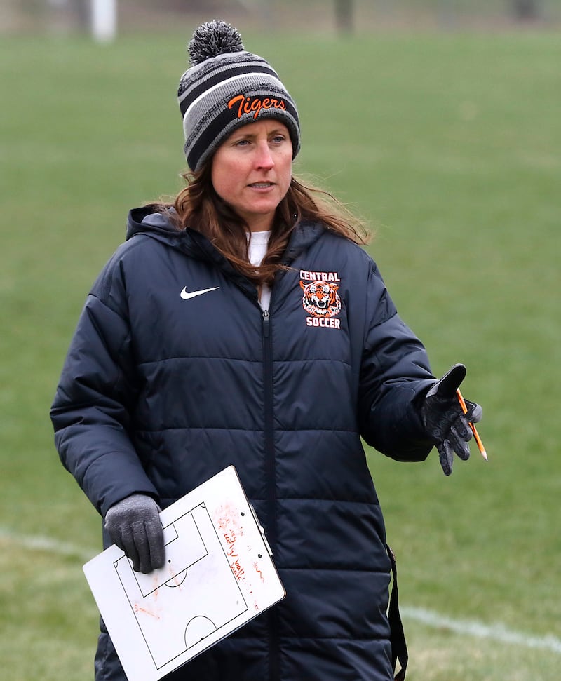 Crystal Lake Central Head Coach Leah Rutkowski talks to her team at halftime of a nonconference soccer game against Kaneland on Thursday, April 10, 2025, at Crystal Lake Central High School.