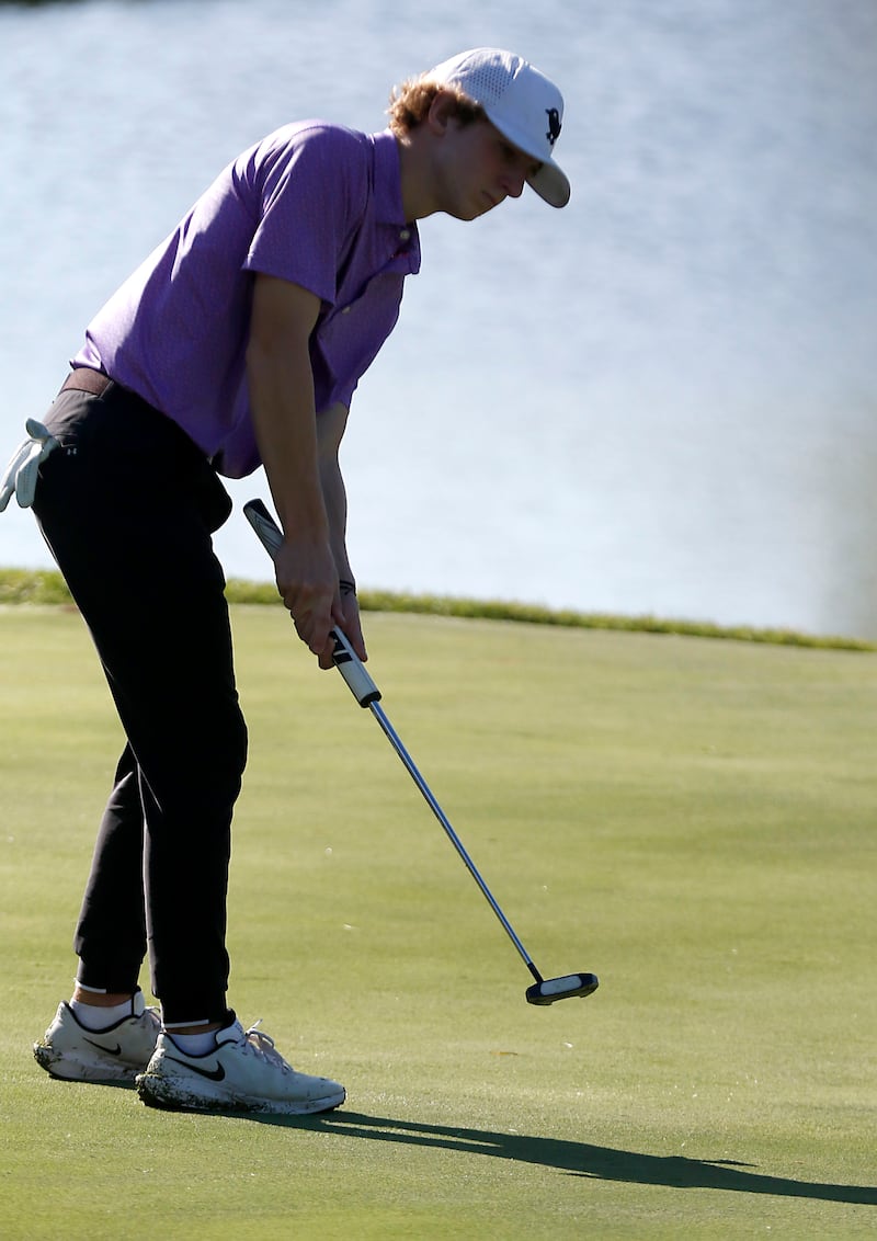 Hampshire’s Nolan Adamczyk putts on the 5th green during the Fox Valley Conference Boys Golf Tournament Thursday, Sept. 25, 2025, at Foxford Hills Golf Club in Cary.