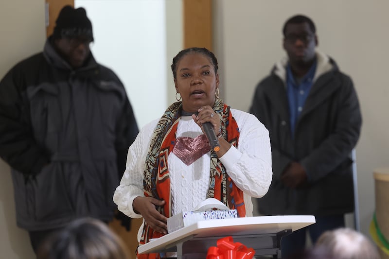 Violence Prevention Council Coordinator LeShae Hudson speaks at the ribbon cutting ceremony for the Ozzie & Peggy Mitchell Center, formerly the Peter Claver Center, Joliet Township's new violence prevention program on Wednesday, Jan. 17th, 2024 in Joliet.