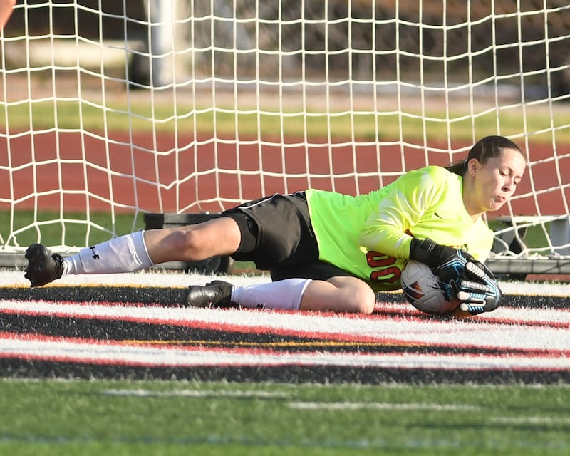 Timothy Christian's Emily White (00) makes a save during the state semifinals game on Thursday June 4, 2026, while taking on Father McGivney Catholic held at North Central College.